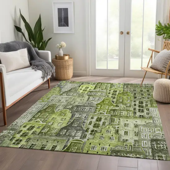 Green And Lime Green Village Houses Washable Indoor Outdoor Area Rug Photo 9