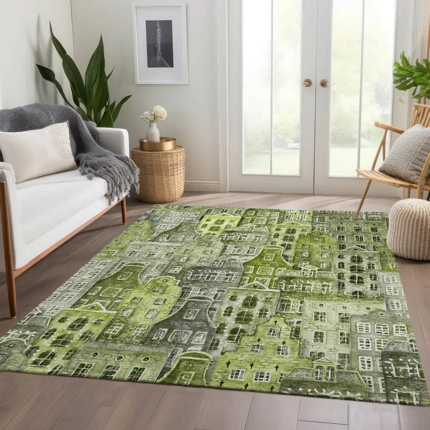 Green And Lime Green Village Houses Washable Indoor Outdoor Area Rug Photo 9