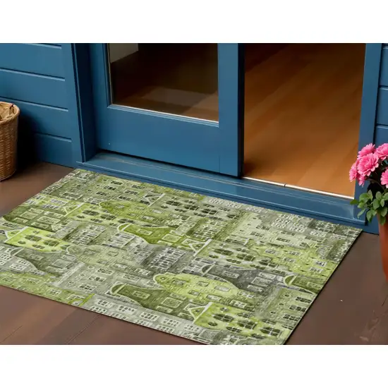 Green And Lime Green Village Houses Washable Indoor Outdoor Area Rug Photo 1
