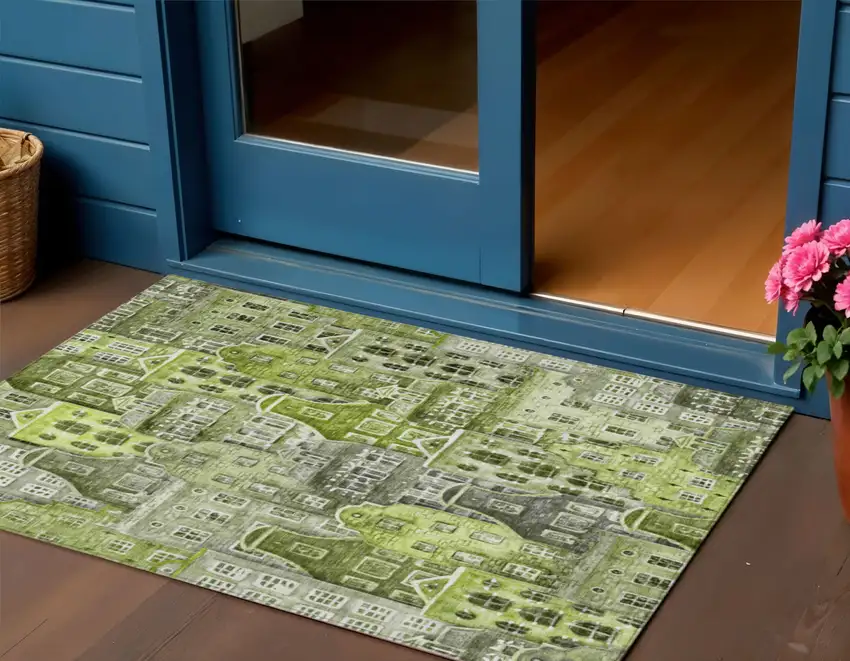 Green And Lime Green Village Houses Washable Indoor Outdoor Area Rug Photo 1