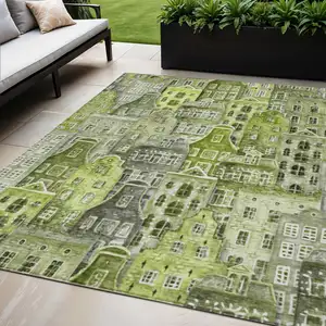 Photo of Green And Lime Green Village Houses Washable Indoor Outdoor Area Rug