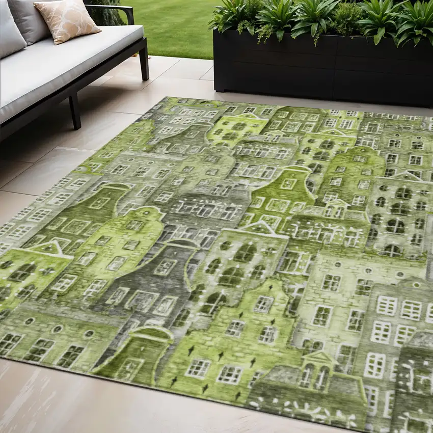 Green And Lime Green Village Houses Washable Indoor Outdoor Area Rug Photo 1