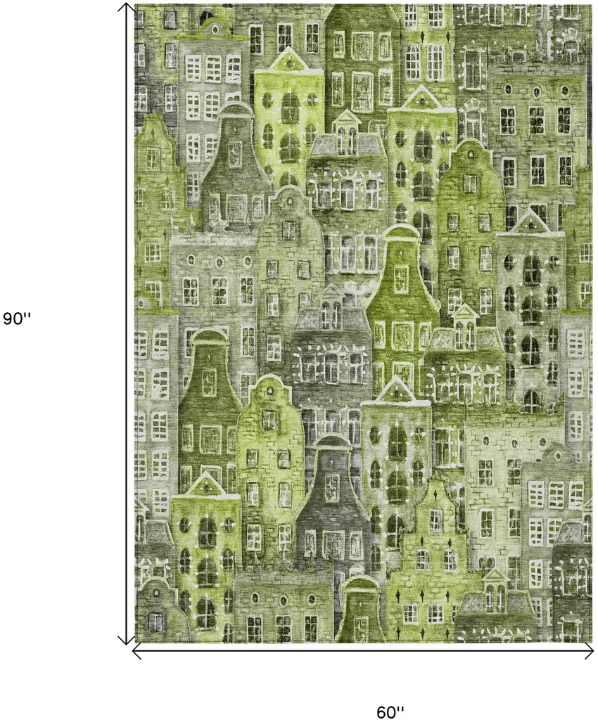 Green And Lime Green Village Houses Washable Indoor Outdoor Area Rug Photo 3