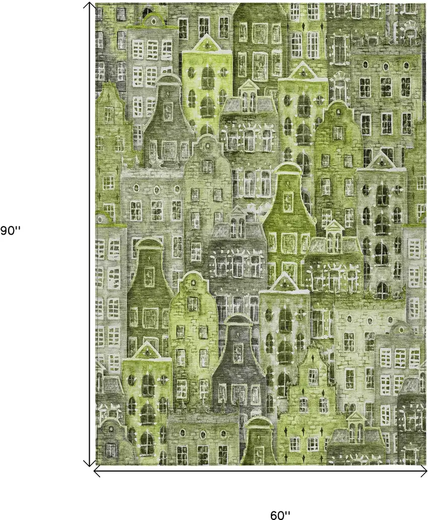 Green And Lime Green Village Houses Washable Indoor Outdoor Area Rug Photo 3