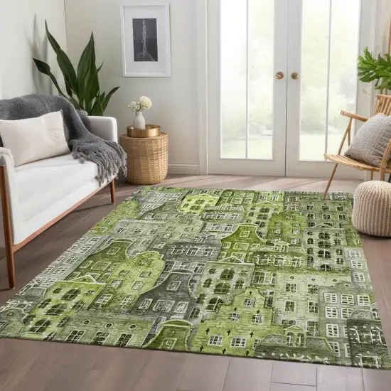 Green And Lime Green Village Houses Washable Indoor Outdoor Area Rug Photo 9
