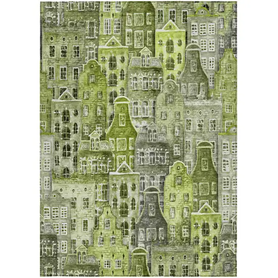 Green And Lime Green Village Houses Washable Indoor Outdoor Area Rug Photo 7