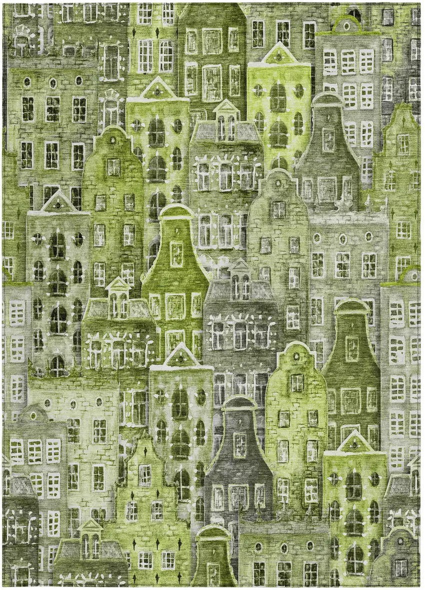 Green And Lime Green Village Houses Washable Indoor Outdoor Area Rug Photo 7