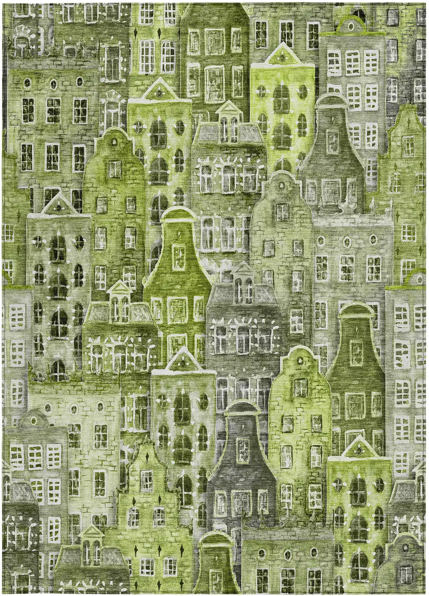 Green And Lime Green Village Houses Washable Indoor Outdoor Area Rug Photo 7