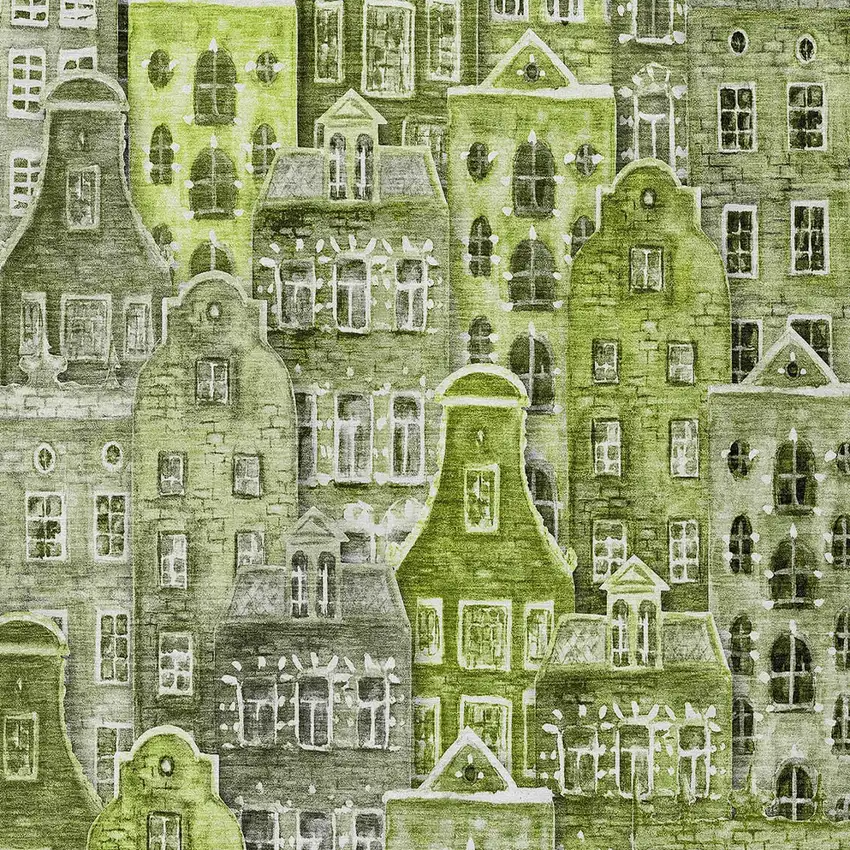 Green And Lime Green Village Houses Washable Indoor Outdoor Area Rug Photo 4