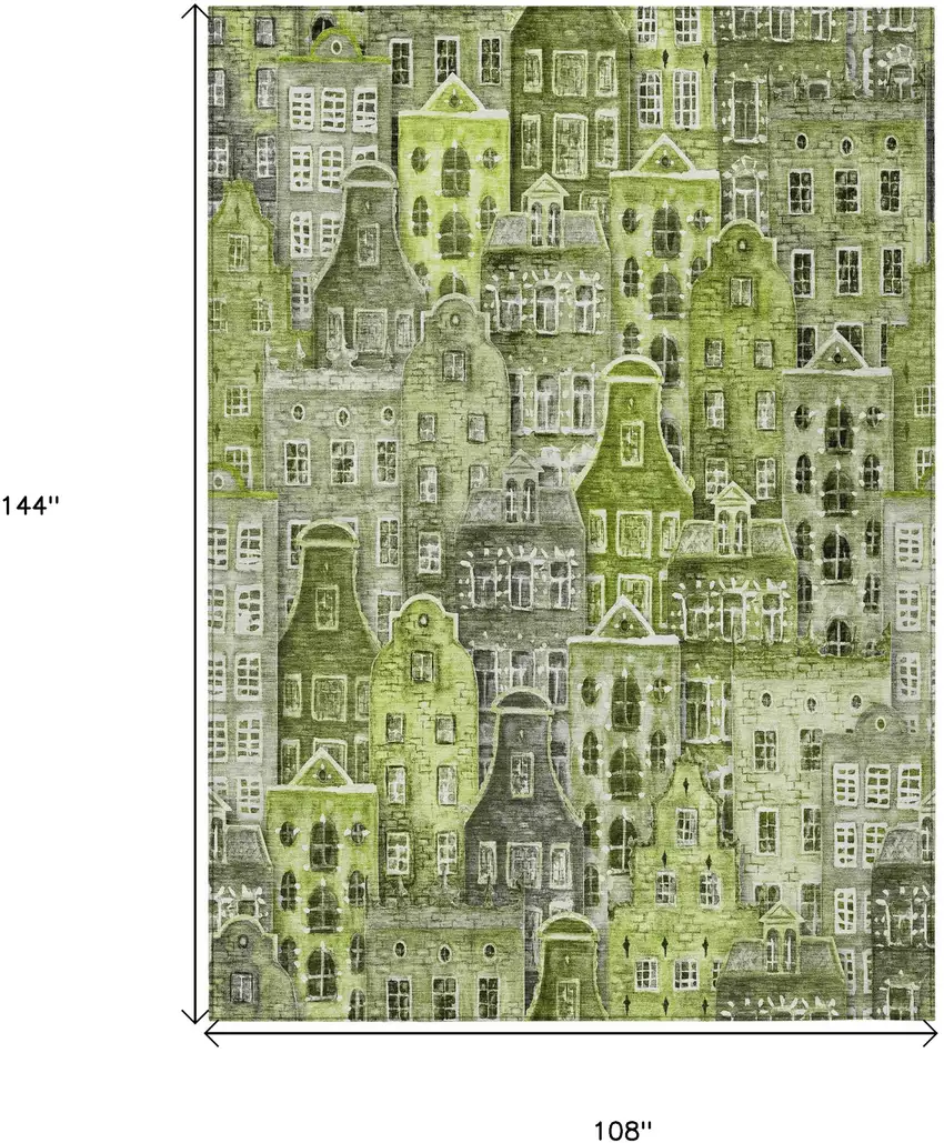 Green And Lime Green Village Houses Washable Indoor Outdoor Area Rug Photo 3