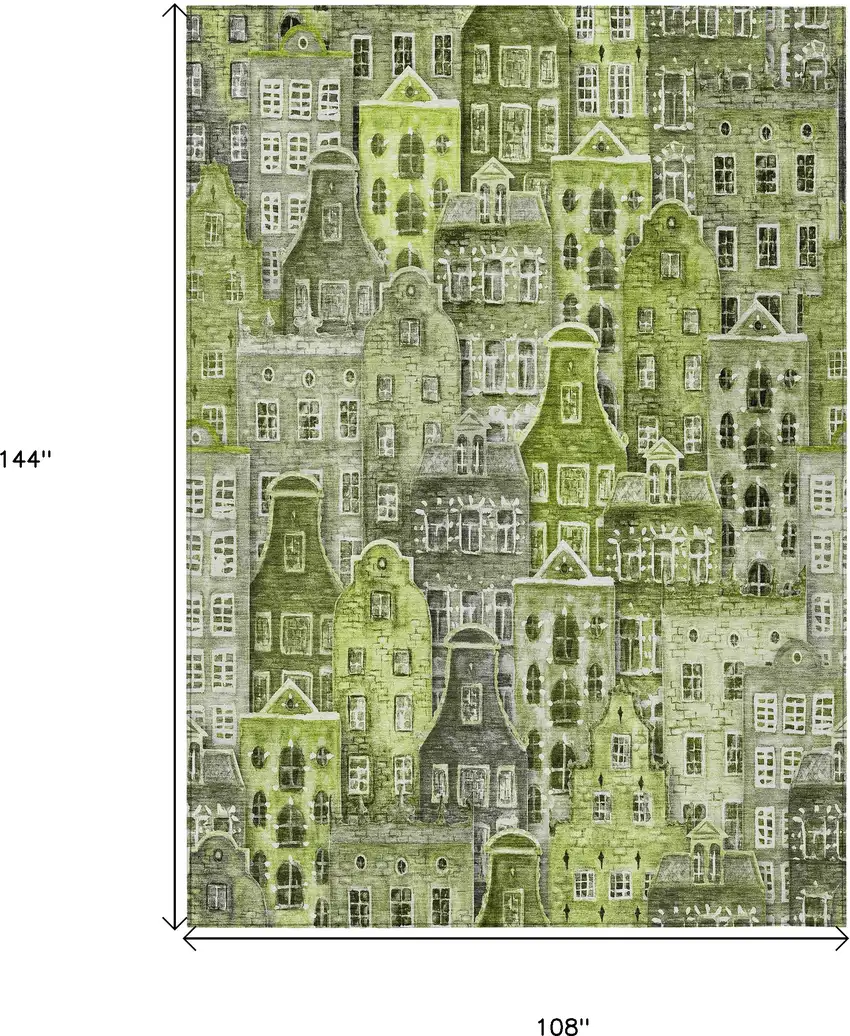Green And Lime Green Village Houses Washable Indoor Outdoor Area Rug Photo 3