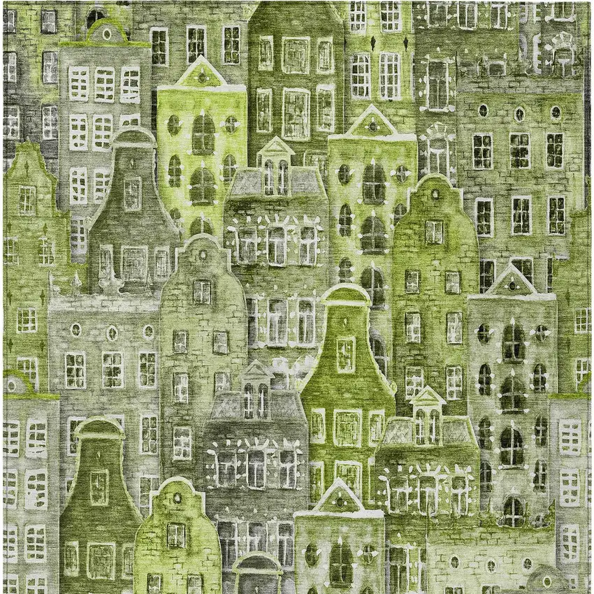 Green And Lime Green Village Houses Washable Indoor Outdoor Area Rug Photo 5
