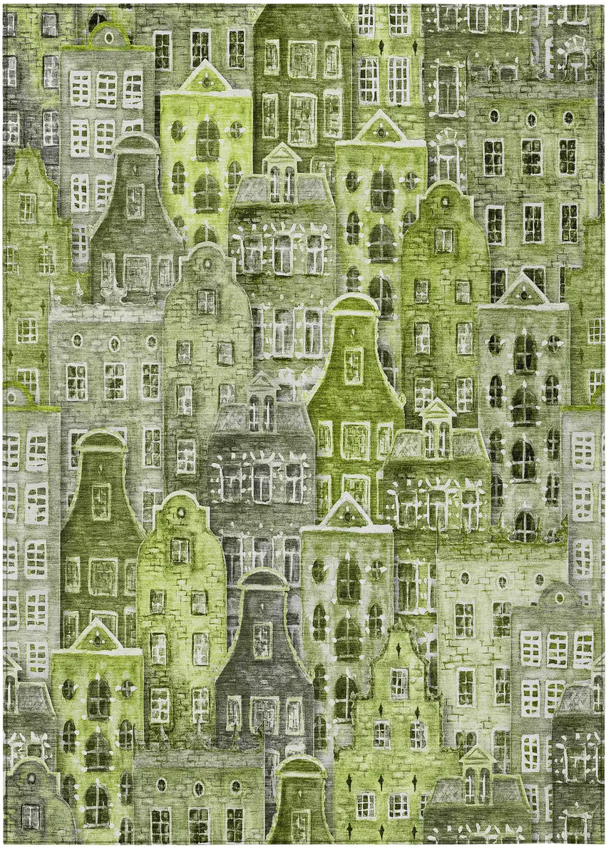 Green And Lime Green Village Houses Washable Indoor Outdoor Area Rug Photo 2