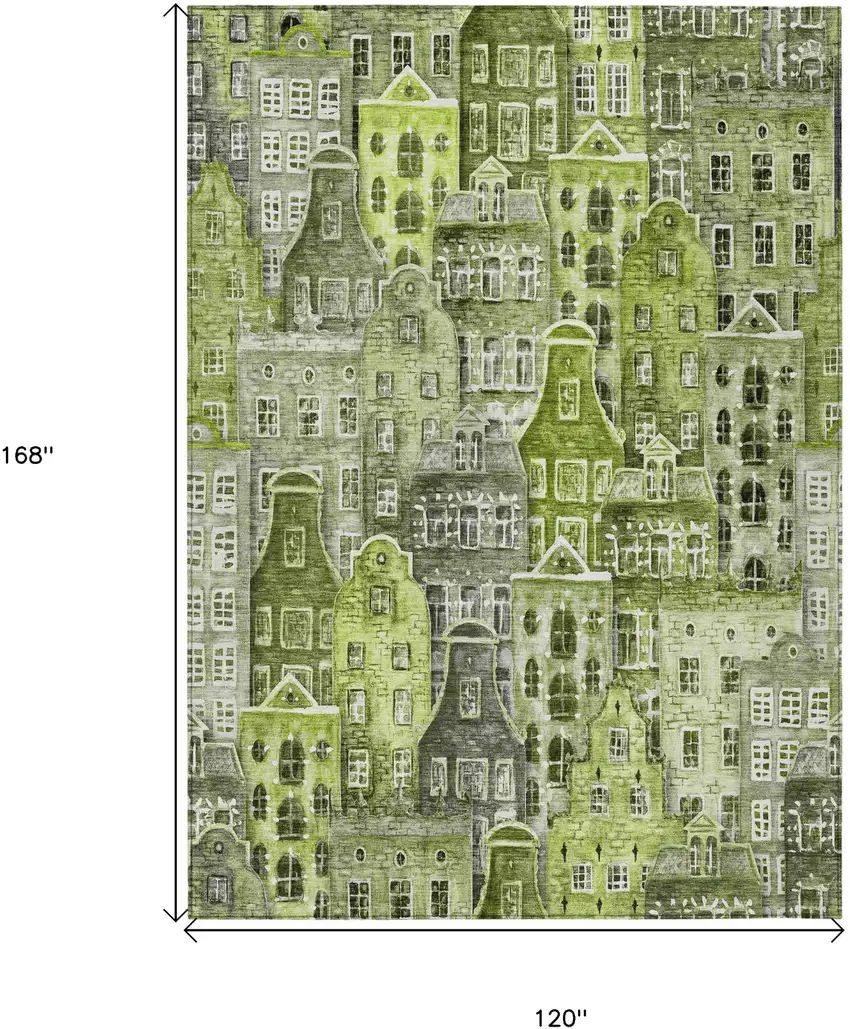 Green And Lime Green Village Houses Washable Indoor Outdoor Area Rug Photo 3