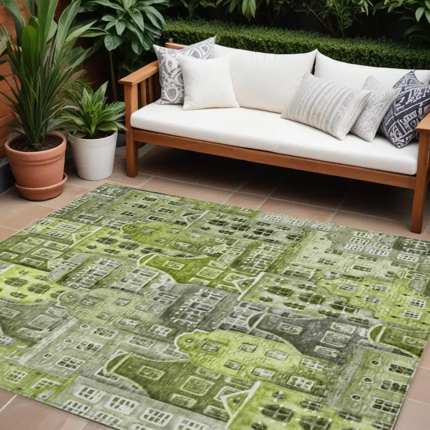 Green And Lime Green Village Houses Washable Indoor Outdoor Area Rug Photo 1
