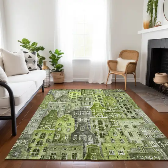 Green And Lime Green Village Houses Washable Indoor Outdoor Area Rug Photo 9