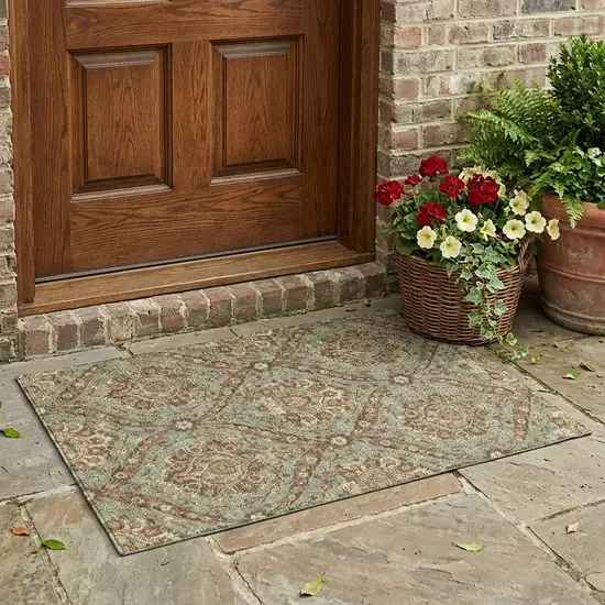 Green And Linen Floral Washable Indoor Outdoor Area Rug Photo 1