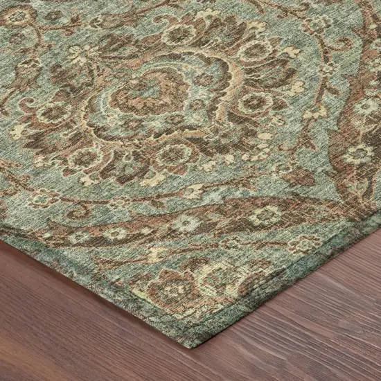 Green And Linen Floral Washable Indoor Outdoor Area Rug Photo 5