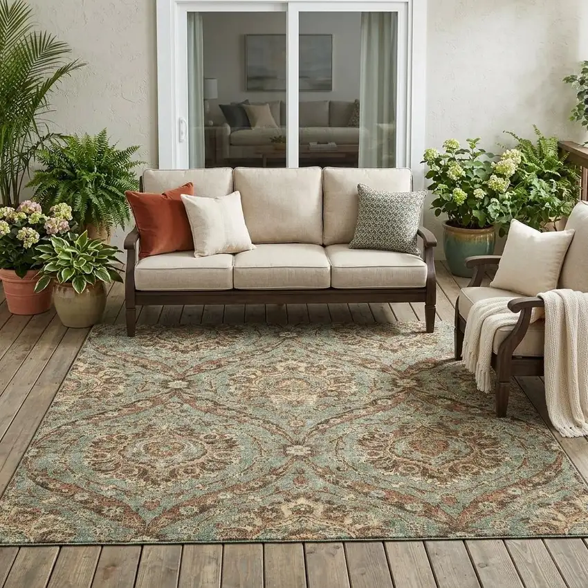 Green And Linen Floral Washable Indoor Outdoor Area Rug Photo 1