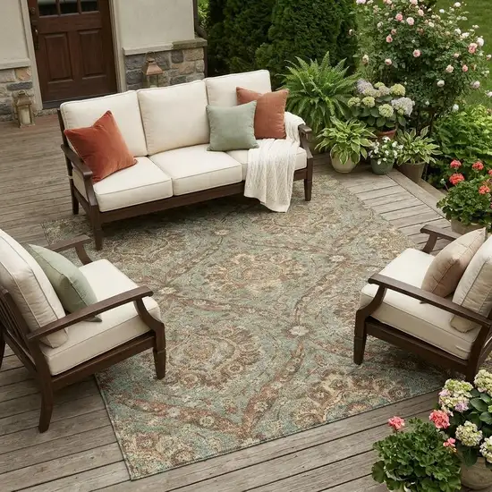 Green And Linen Floral Washable Indoor Outdoor Area Rug Photo 1