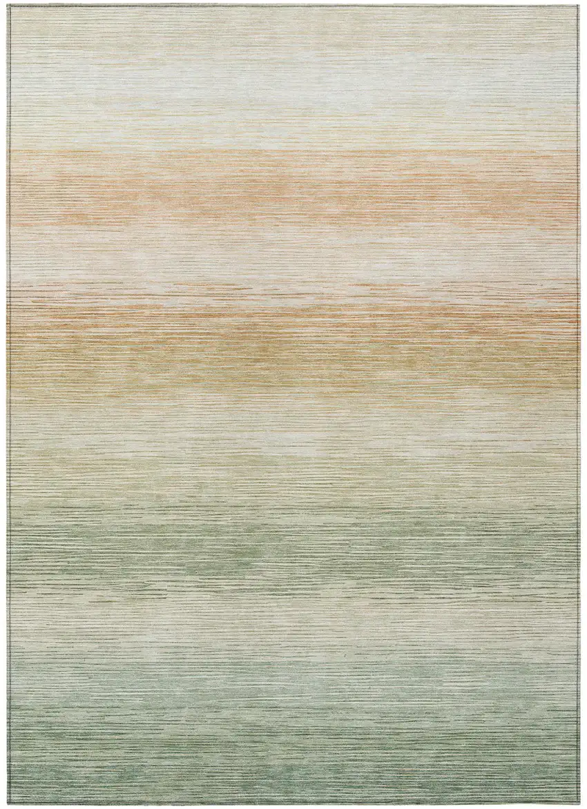 Green And Linen Striped Washable Indoor Outdoor Area Rug Photo 1