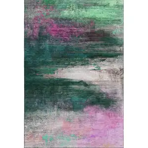 Photo of Green And Mauve Abstract Washable Area Rug With UV Protection