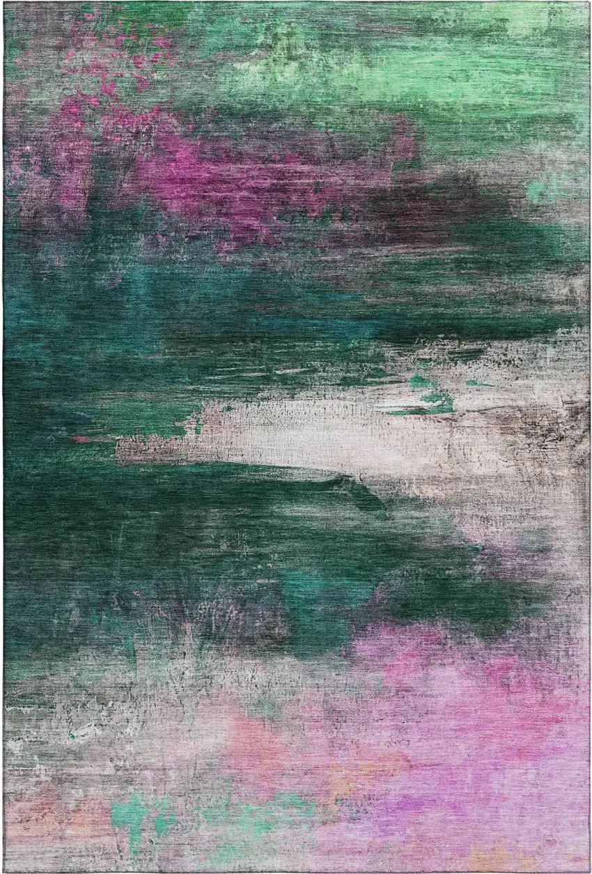 Green And Mauve Abstract Washable Area Rug With UV Protection Photo 1
