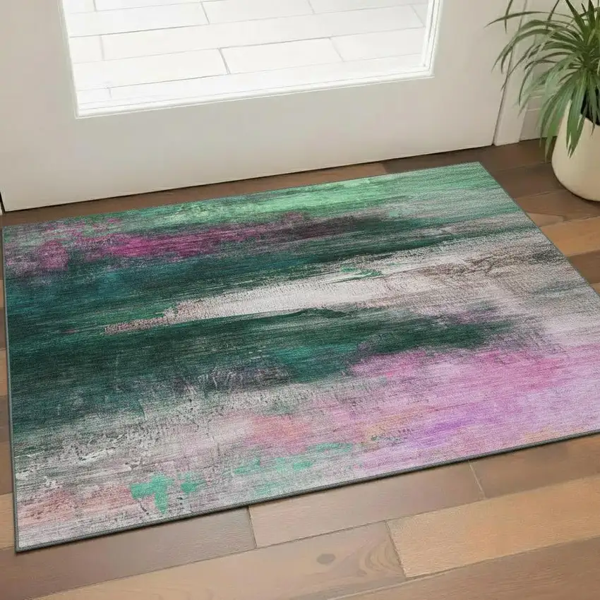 Green And Mauve Abstract Washable Area Rug With UV Protection Photo 2