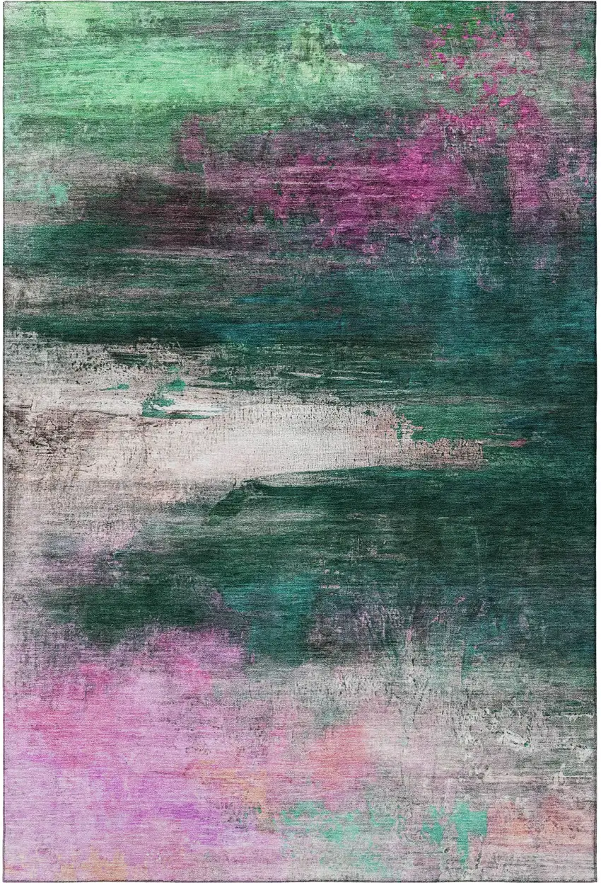 Green And Mauve Abstract Washable Area Rug With UV Protection Photo 3