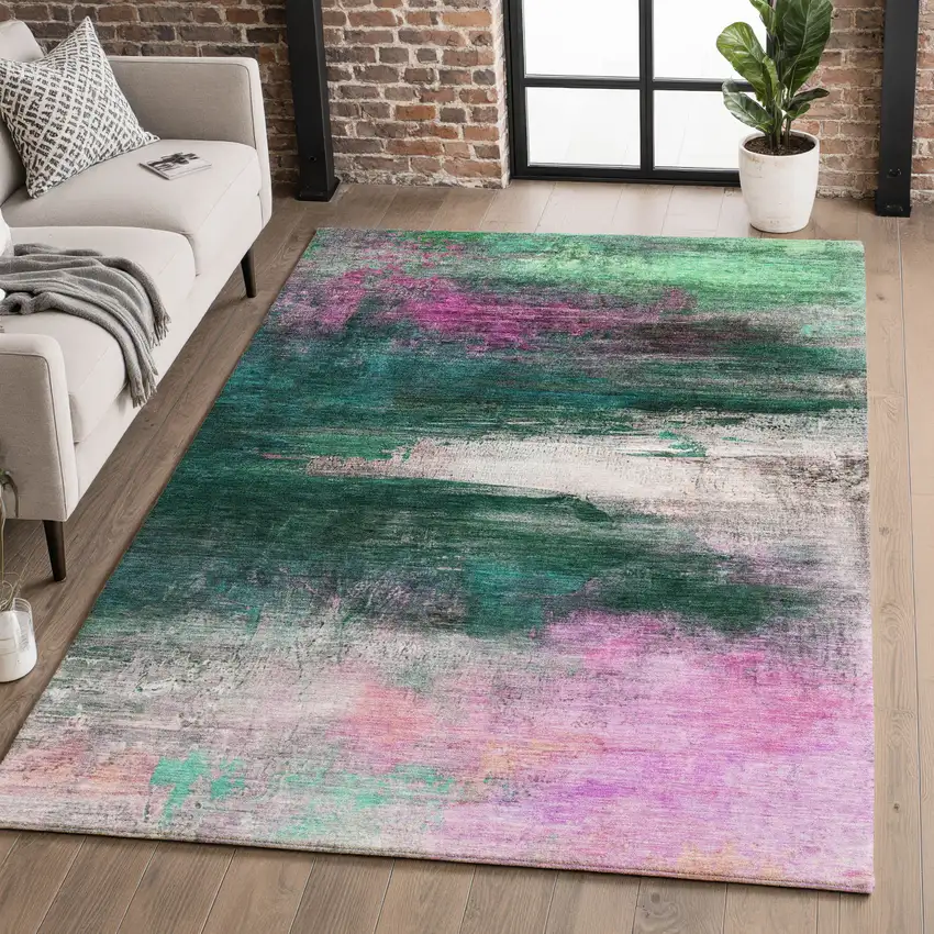 Green And Mauve Abstract Washable Area Rug With UV Protection Photo 4