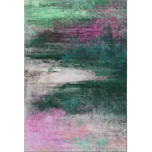 Photo of Green And Mauve Abstract Washable Area Rug With UV Protection