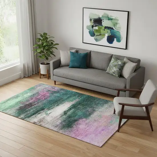 Green And Mauve Abstract Washable Area Rug With UV Protection Photo 2