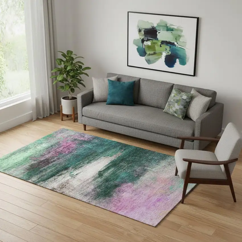 Green And Mauve Abstract Washable Area Rug With UV Protection Photo 2