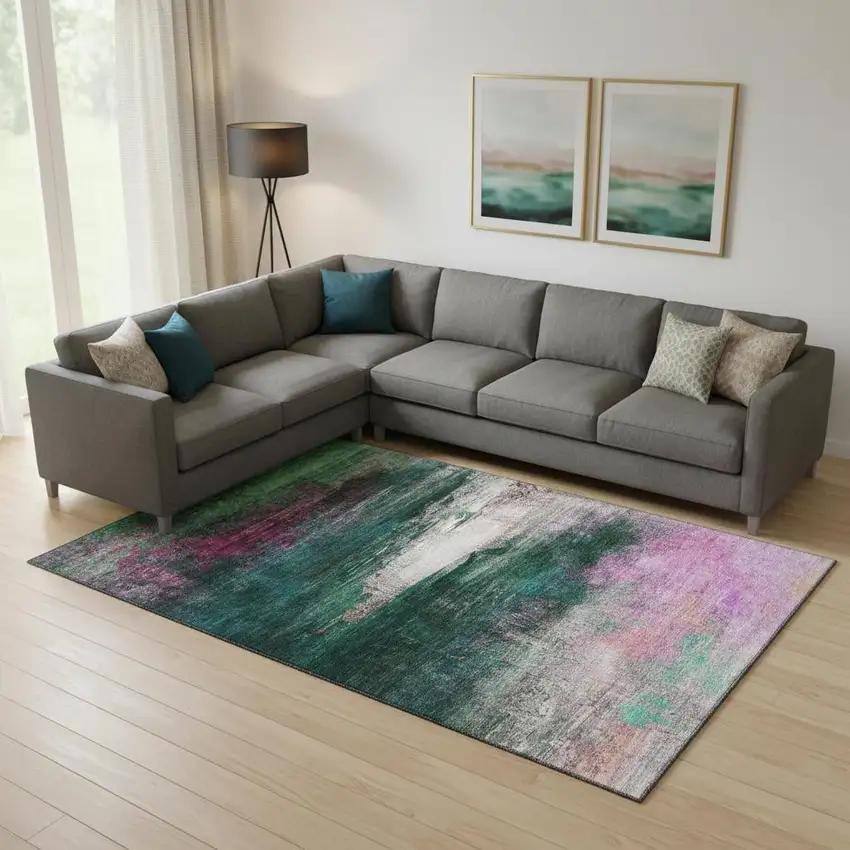 Green And Mauve Abstract Washable Area Rug With UV Protection Photo 2
