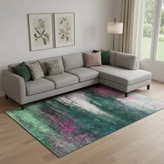 Green And Mauve Abstract Washable Area Rug With UV Protection Photo 2