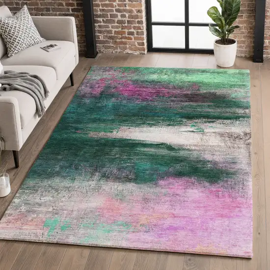 Green And Mauve Abstract Washable Area Rug With UV Protection Photo 5