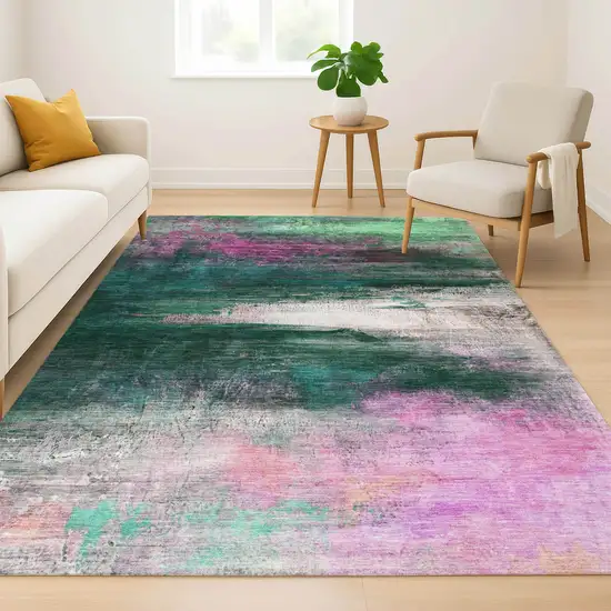 Green And Mauve Abstract Washable Area Rug With UV Protection Photo 6