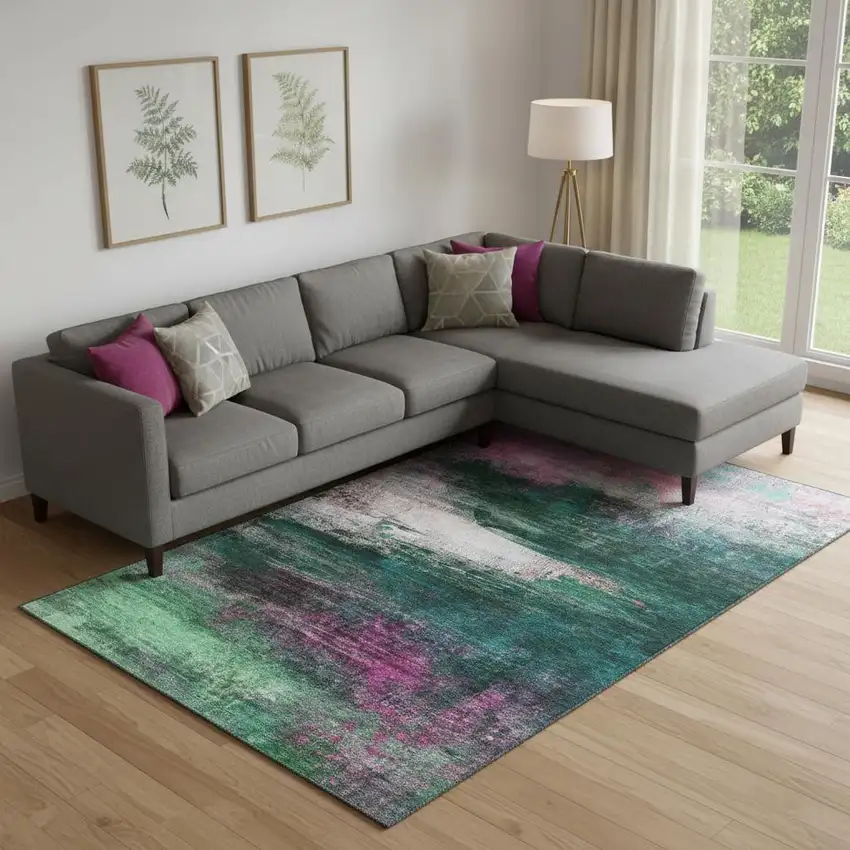 Green And Mauve Abstract Washable Area Rug With UV Protection Photo 2