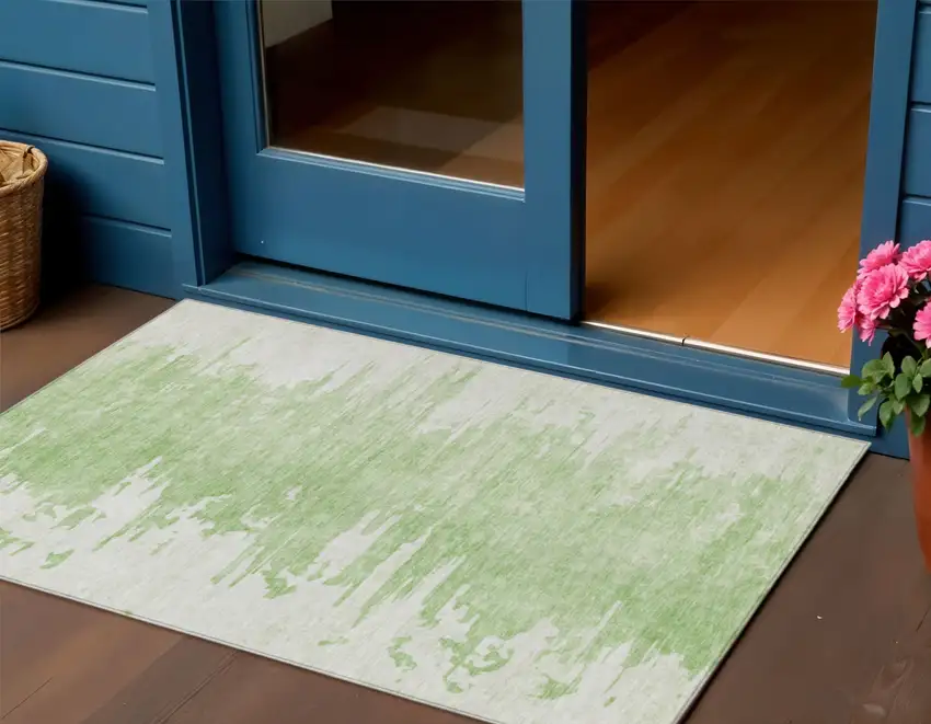 Green And Mint Green Abstract Washable Indoor Outdoor Area Rug Photo 1