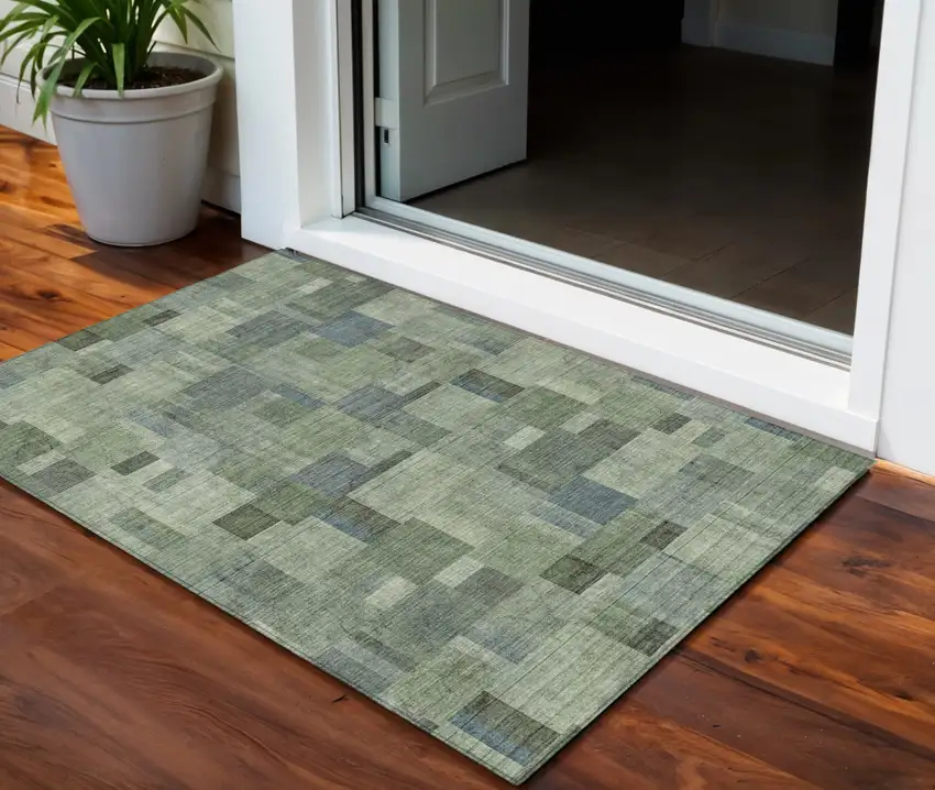 Green And Mint Green Geometric Washable Indoor Outdoor Area Rug Photo 1