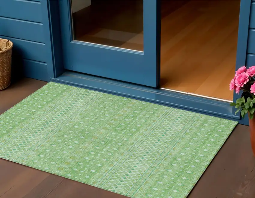 Green And Mint Green Tribal Washable Indoor Outdoor Area Rug Photo 1