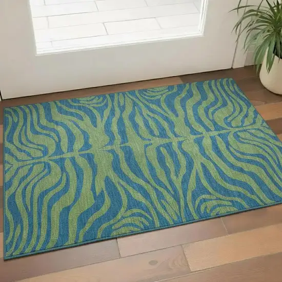 Green And Navy Blue Animal Print Washable Area Rug With UV Protection Photo 2