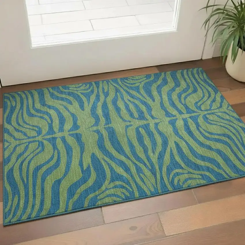 Green And Navy Blue Animal Print Washable Area Rug With UV Protection Photo 2