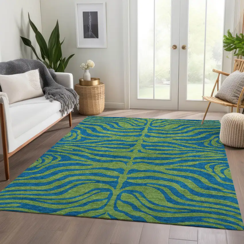 Green And Navy Blue Animal Print Washable Area Rug With UV Protection Photo 5