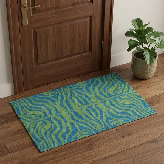 Green And Navy Blue Animal Print Washable Area Rug With UV Protection Photo 1