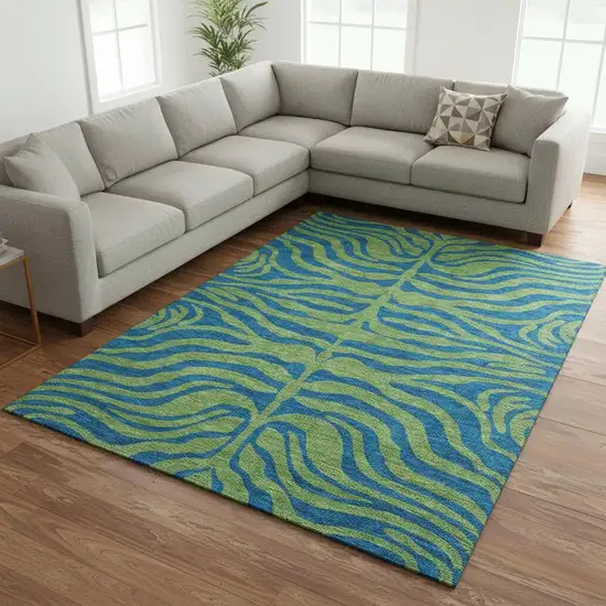 Green And Navy Blue Animal Print Washable Area Rug With UV Protection Photo 2