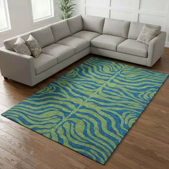 Green And Navy Blue Animal Print Washable Area Rug With UV Protection Photo 2