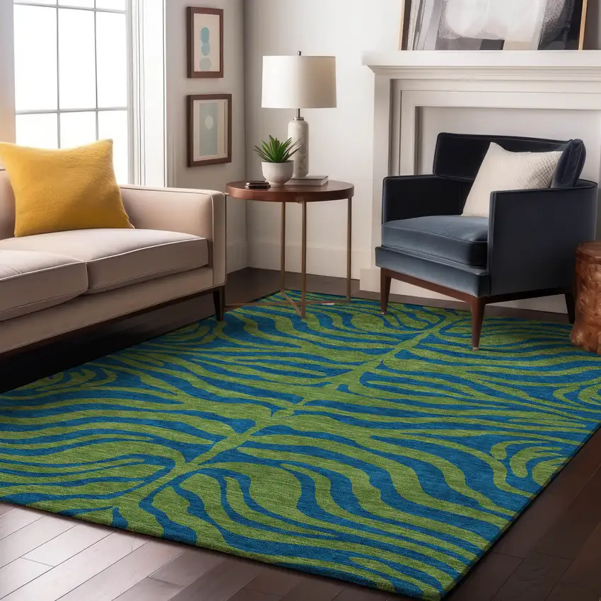Green And Navy Blue Animal Print Washable Area Rug With UV Protection Photo 4