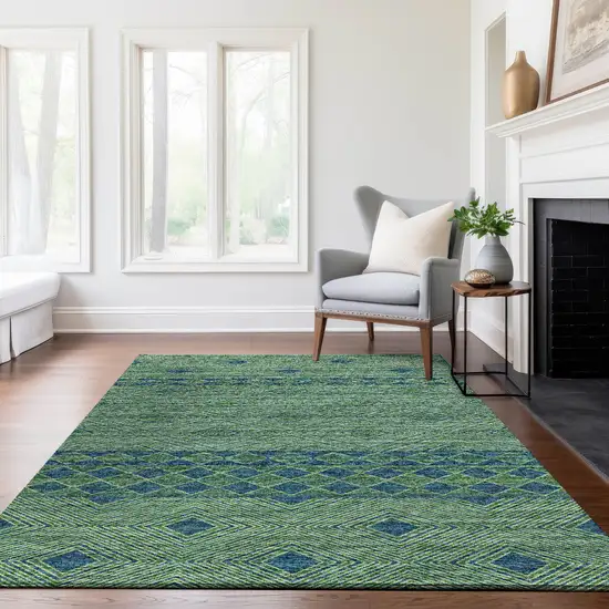 Green And Navy Blue Tribal Washable Area Rug With UV Protection Photo 4
