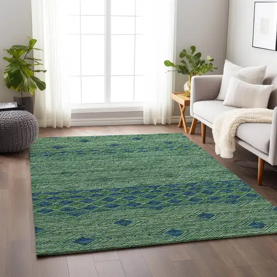 Green And Navy Blue Tribal Washable Area Rug With UV Protection Photo 3
